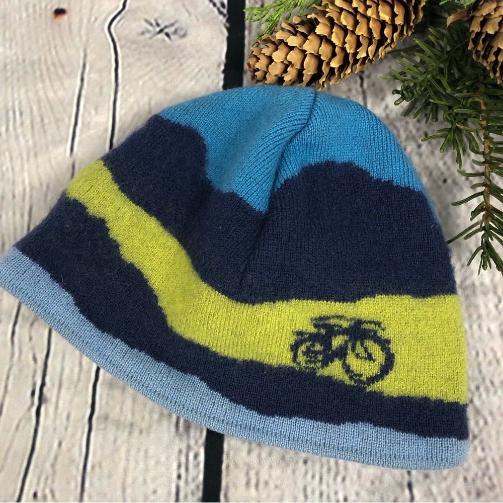 JYTTE Youth Merino Wool Beanie Hat Blue/Yellow Bike Themed